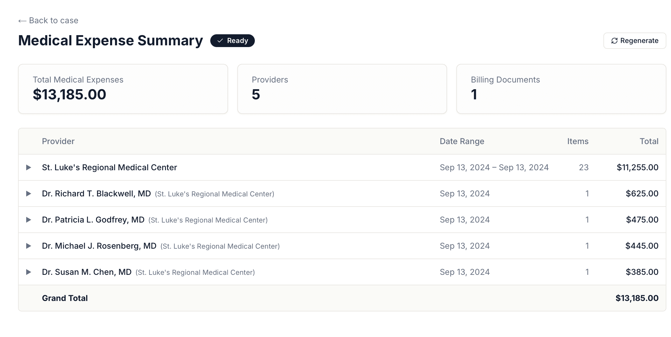 A medical expense summary showing total expenses, provider count, and a table of providers with date ranges, item counts and totals.
